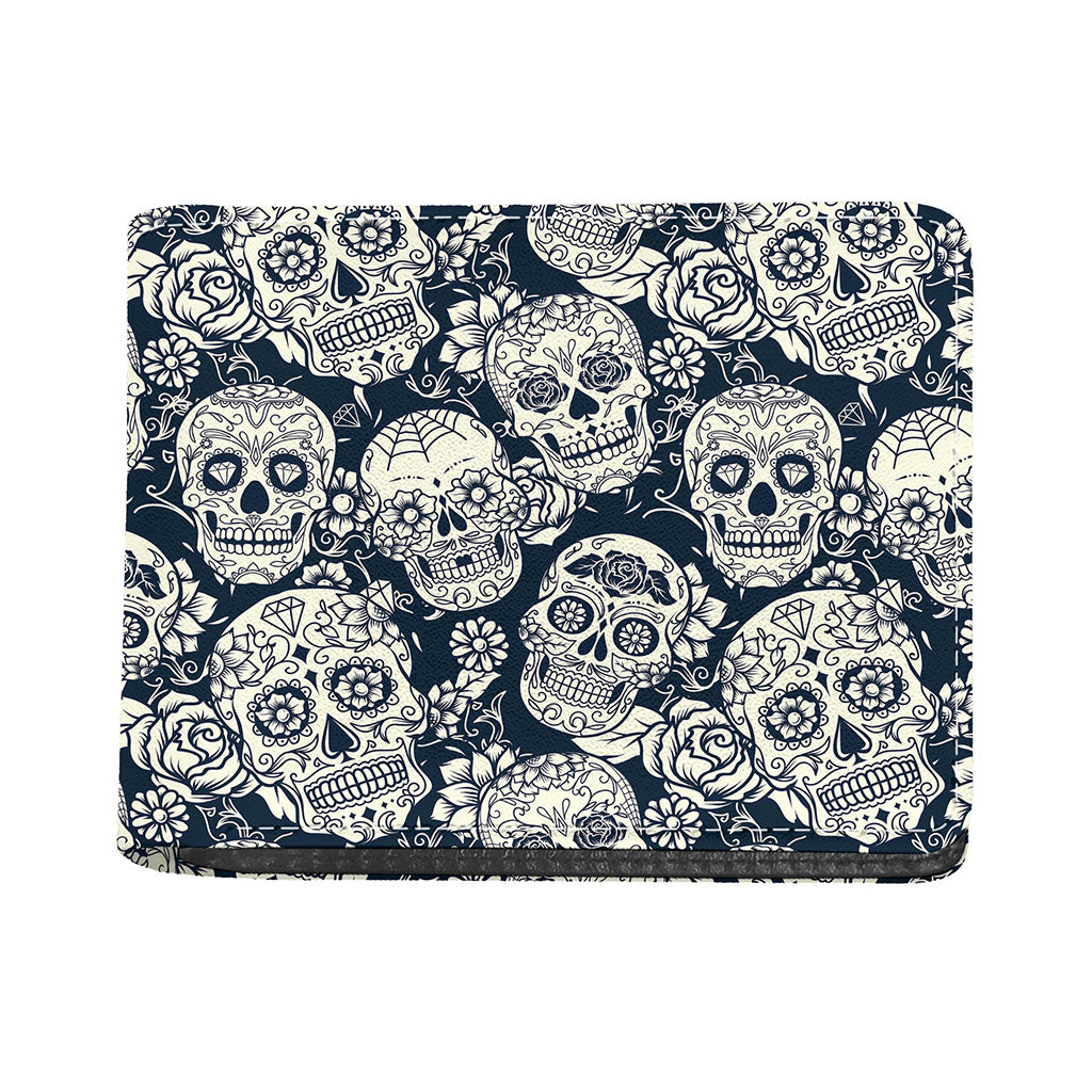 White Floral Sugar Skull Pattern Print Bifold Wallet