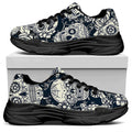 White Floral Sugar Skull Pattern Print Black Chunky Shoes
