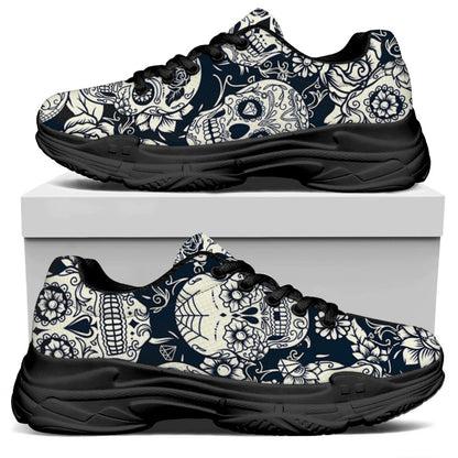 White Floral Sugar Skull Pattern Print Black Chunky Shoes
