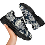 White Floral Sugar Skull Pattern Print Black Chunky Shoes