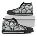White Floral Sugar Skull Pattern Print Black High Top Sneakers