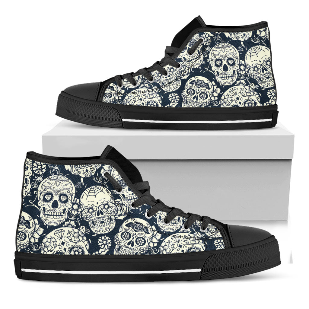 White Floral Sugar Skull Pattern Print Black High Top Sneakers