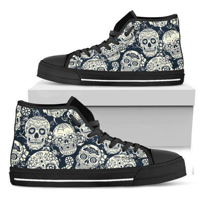 White Floral Sugar Skull Pattern Print Black High Top Sneakers