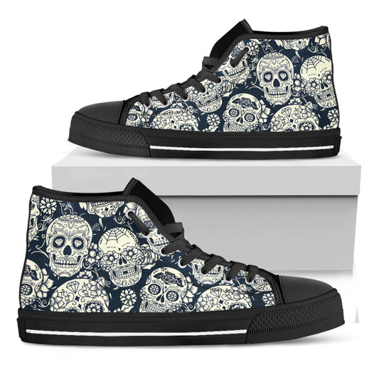 White Floral Sugar Skull Pattern Print Black High Top Sneakers