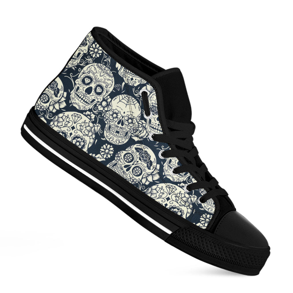 White Floral Sugar Skull Pattern Print Black High Top Sneakers