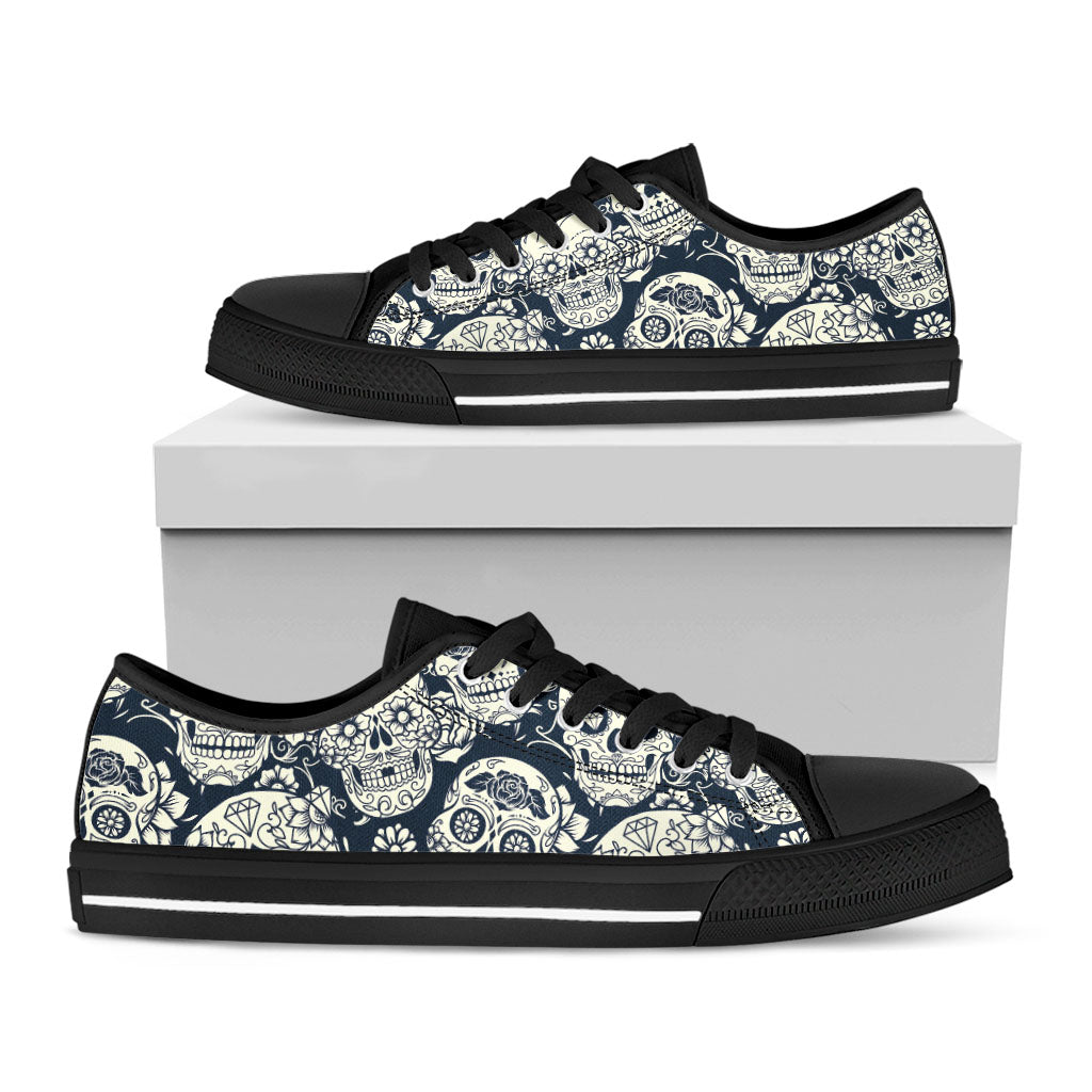 White Floral Sugar Skull Pattern Print Black Low Top Sneakers