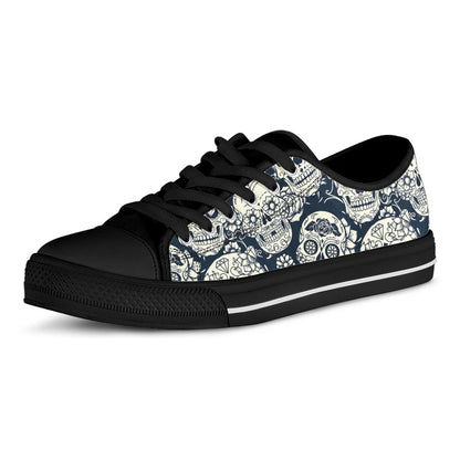 White Floral Sugar Skull Pattern Print Black Low Top Sneakers