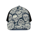 White Floral Sugar Skull Pattern Print Black Mesh Trucker Hat
