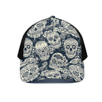 White Floral Sugar Skull Pattern Print Black Mesh Trucker Cap