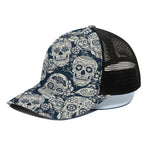 White Floral Sugar Skull Pattern Print Black Mesh Trucker Cap