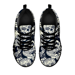 White Floral Sugar Skull Pattern Print Black Running Shoes