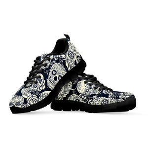 White Floral Sugar Skull Pattern Print Black Running Shoes