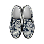 White Floral Sugar Skull Pattern Print Black Slip On Sneakers