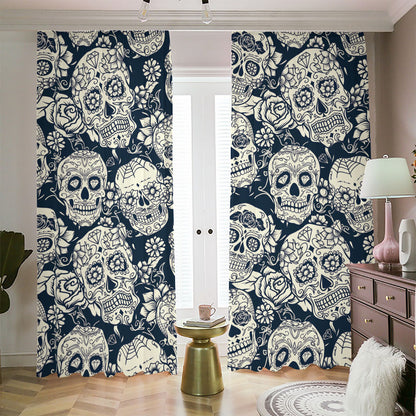 White Floral Sugar Skull Pattern Print Blackout Pencil Pleat Curtains