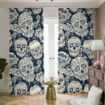 White Floral Sugar Skull Pattern Print Blackout Pencil Pleat Curtains