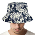 White Floral Sugar Skull Pattern Print Bucket Hat