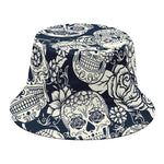 White Floral Sugar Skull Pattern Print Bucket Hat