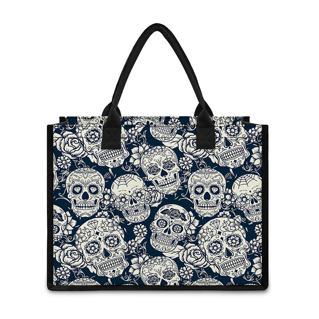 White Floral Sugar Skull Pattern Print Canvas Tote Bag