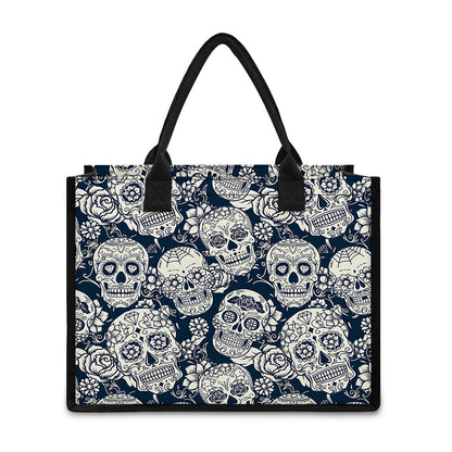 White Floral Sugar Skull Pattern Print Canvas Tote Bag