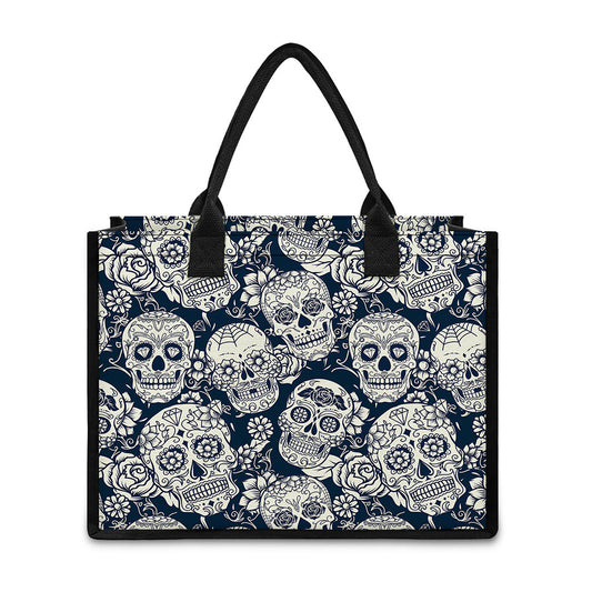 White Floral Sugar Skull Pattern Print Canvas Tote Bag