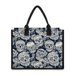 White Floral Sugar Skull Pattern Print Canvas Tote Bag