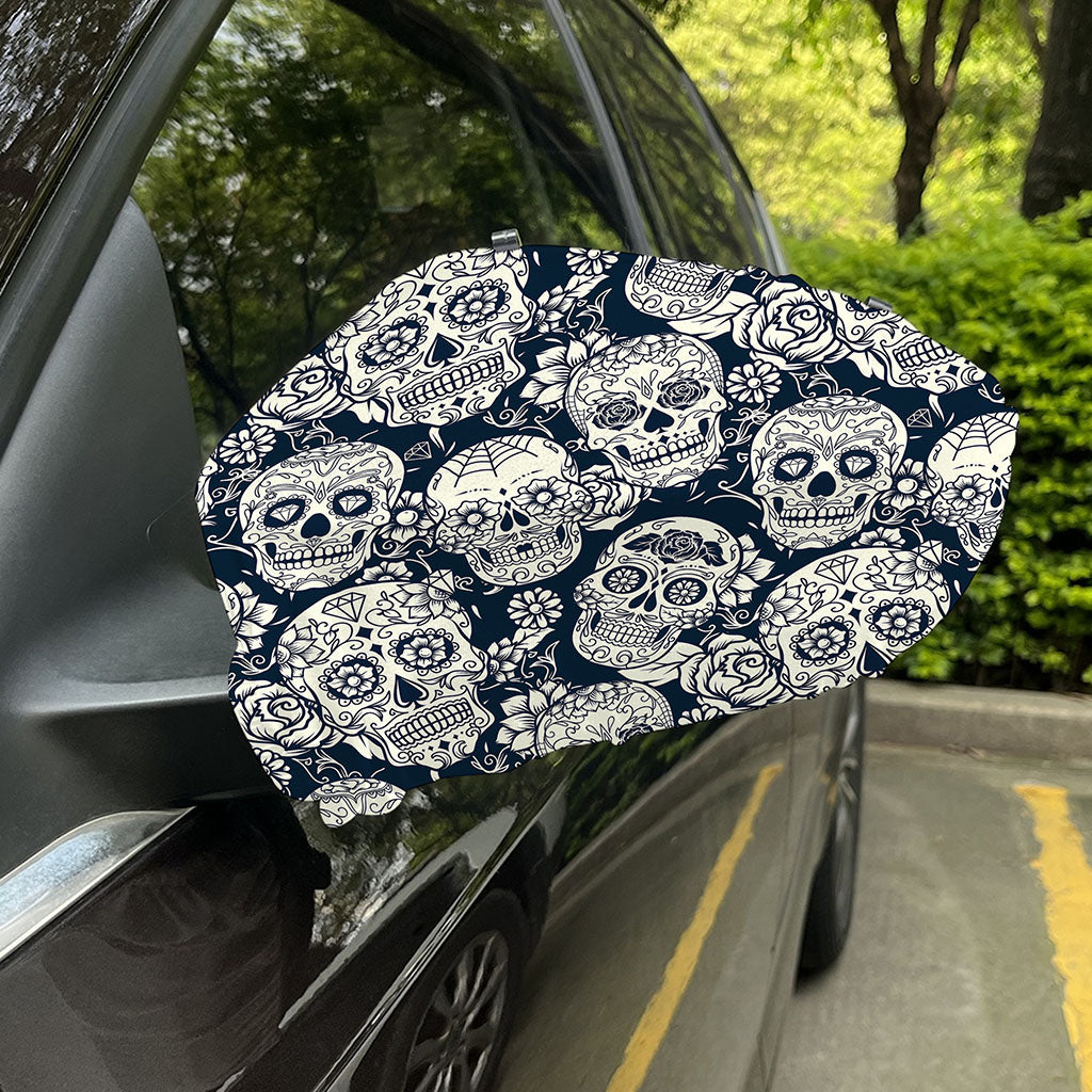 White Floral Sugar Skull Pattern Print Car Side Mirror Covers