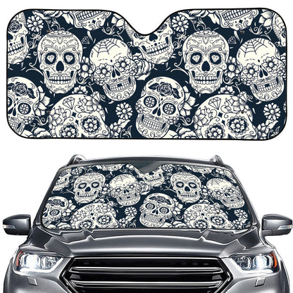 White Floral Sugar Skull Pattern Print Car Windshield Sun Shade