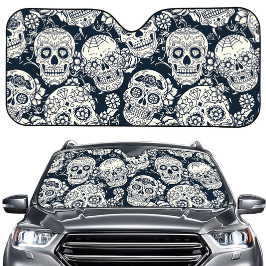 White Floral Sugar Skull Pattern Print Car Windshield Sun Shade