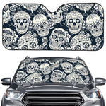 White Floral Sugar Skull Pattern Print Car Windshield Sun Shade