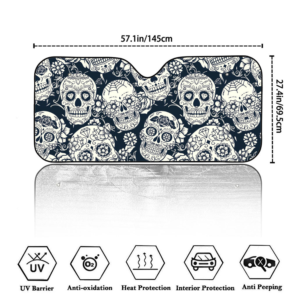 White Floral Sugar Skull Pattern Print Car Windshield Sun Shade