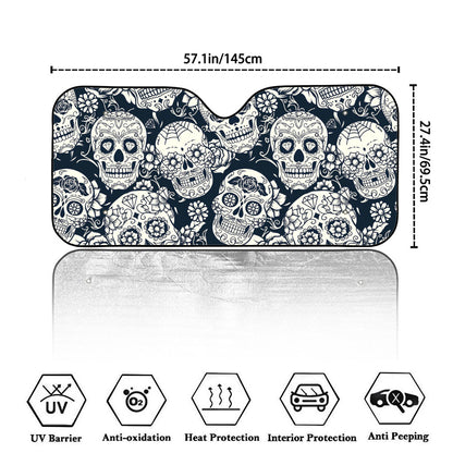 White Floral Sugar Skull Pattern Print Car Windshield Sun Shade