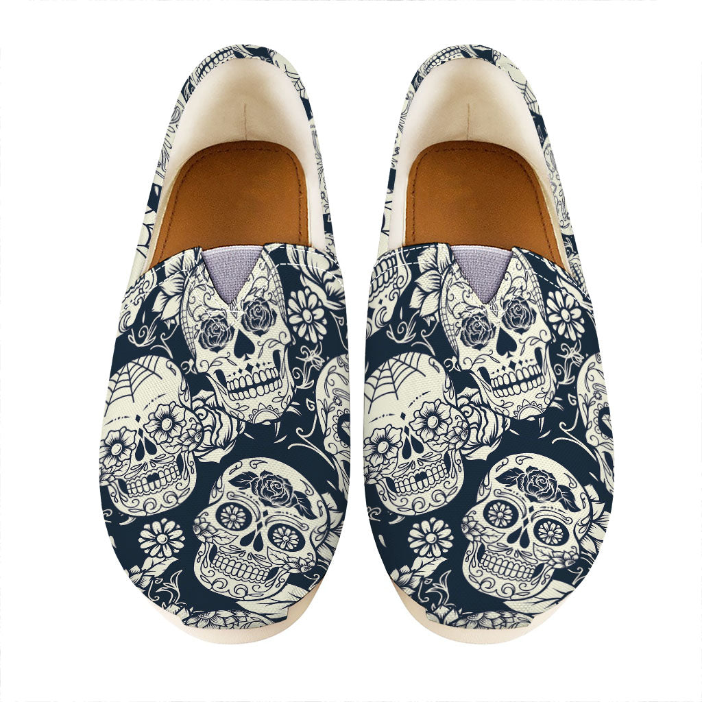 White Floral Sugar Skull Pattern Print Casual Shoes
