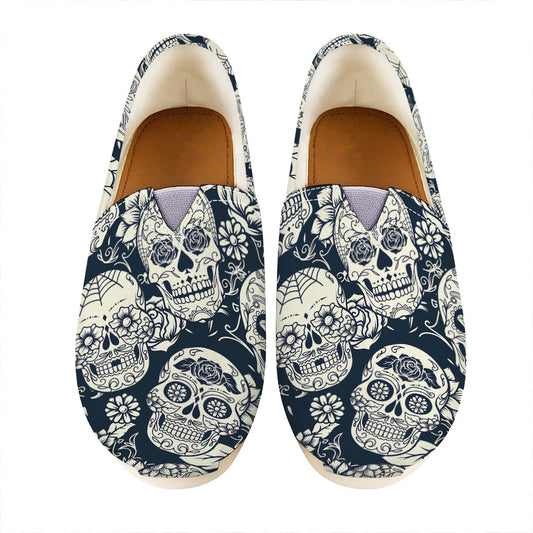 White Floral Sugar Skull Pattern Print Casual Shoes