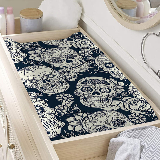 White Floral Sugar Skull Pattern Print Changing Pad Cover