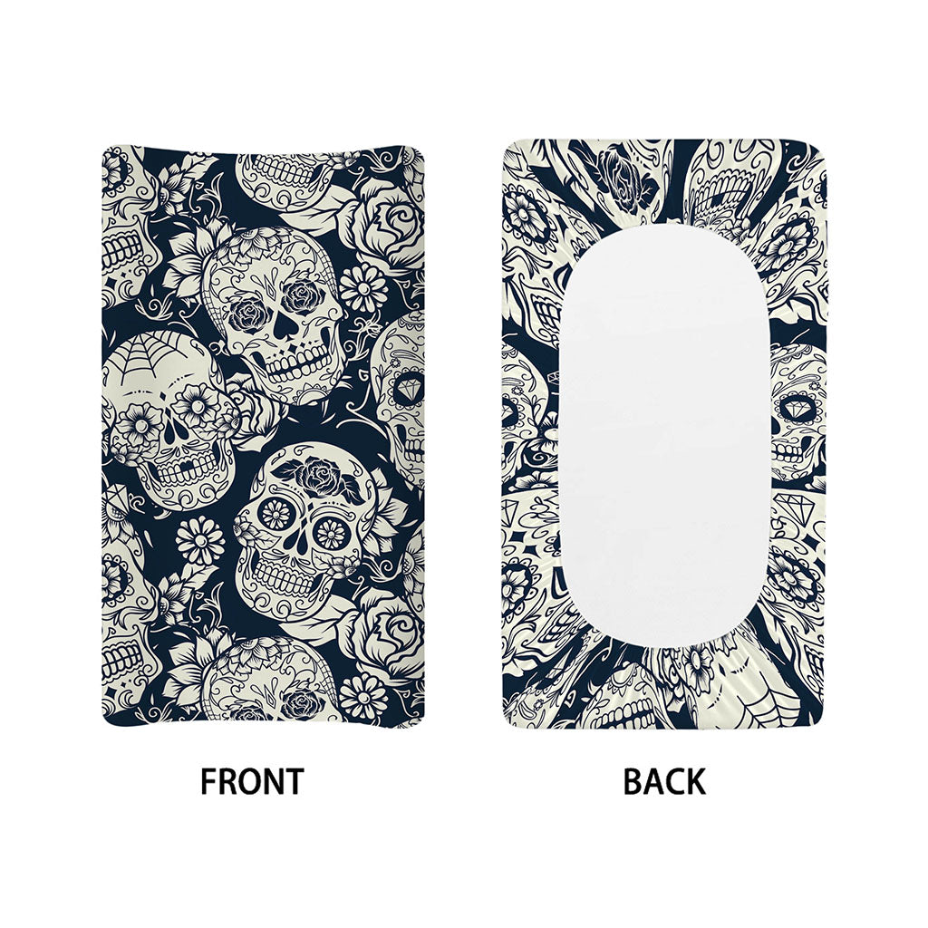White Floral Sugar Skull Pattern Print Changing Pad Cover