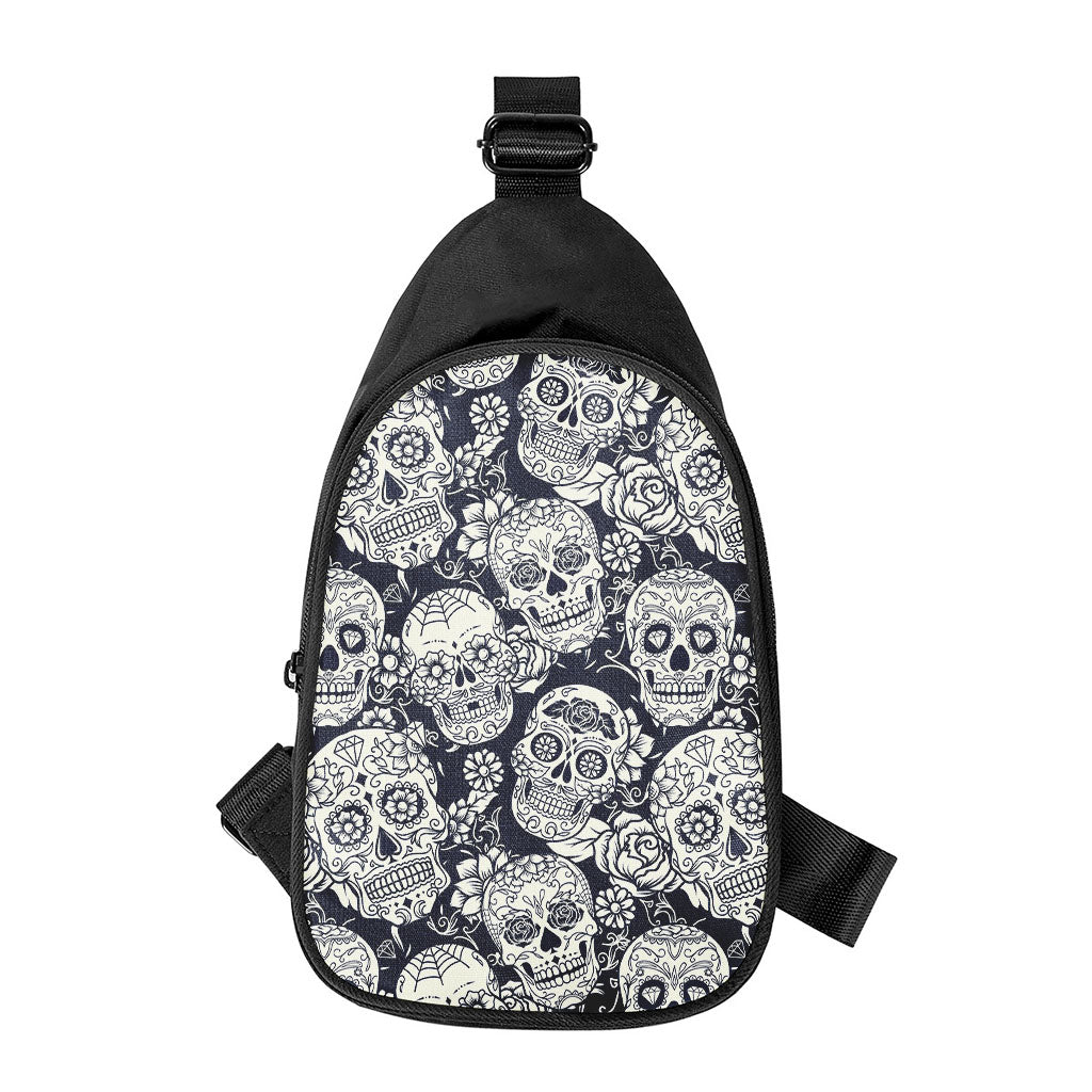 White Floral Sugar Skull Pattern Print Chest Bag