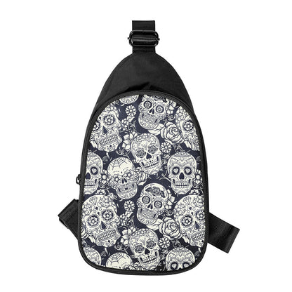 White Floral Sugar Skull Pattern Print Chest Bag