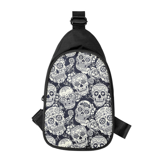 White Floral Sugar Skull Pattern Print Chest Bag