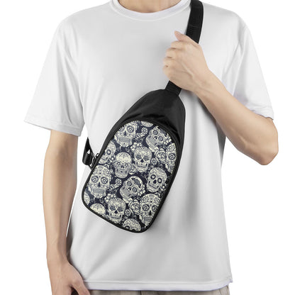 White Floral Sugar Skull Pattern Print Chest Bag