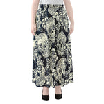 White Floral Sugar Skull Pattern Print Chiffon Maxi Skirt