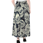 White Floral Sugar Skull Pattern Print Chiffon Maxi Skirt