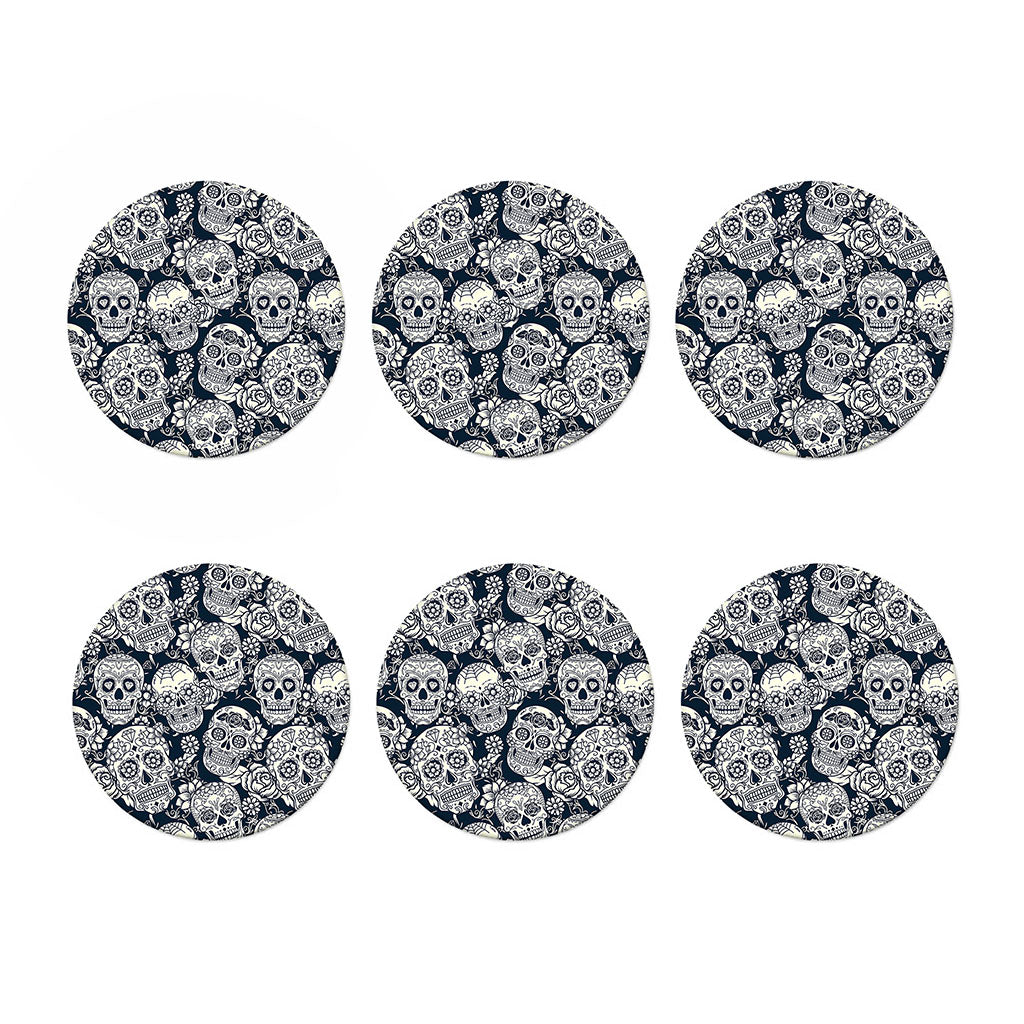 White Floral Sugar Skull Pattern Print Coaster Set