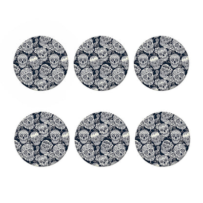 White Floral Sugar Skull Pattern Print Coaster Set
