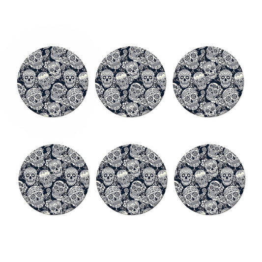 White Floral Sugar Skull Pattern Print Coaster Set