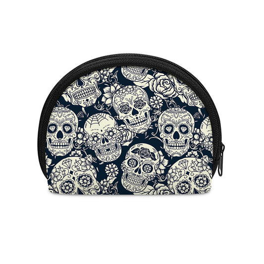 White Floral Sugar Skull Pattern Print Coin Purse