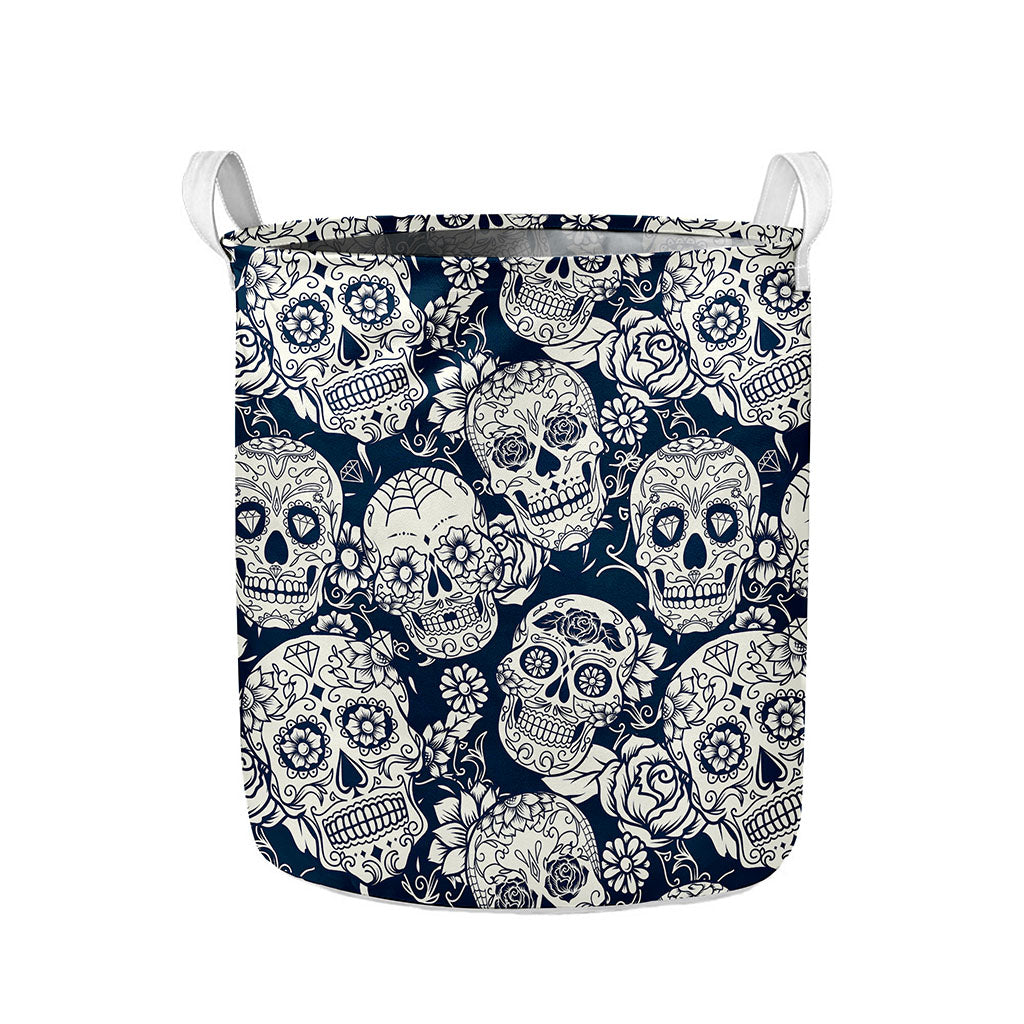 White Floral Sugar Skull Pattern Print Collapsible Laundry Basket