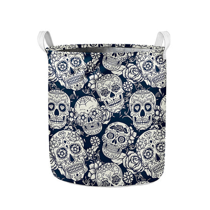 White Floral Sugar Skull Pattern Print Collapsible Laundry Basket