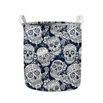 White Floral Sugar Skull Pattern Print Collapsible Laundry Basket