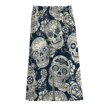White Floral Sugar Skull Pattern Print Cotton Front Slit Maxi Skirt
