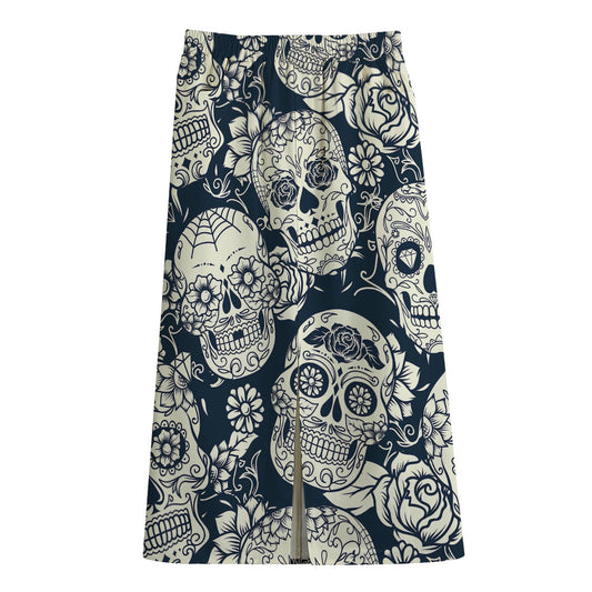 White Floral Sugar Skull Pattern Print Cotton Front Slit Maxi Skirt